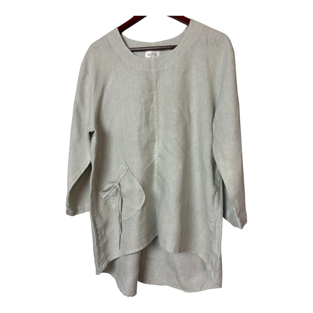 Mosaic USA pale green Tunic 3/4 Sleeve 100% Linen Hi Low Top Boho Blouse Size L